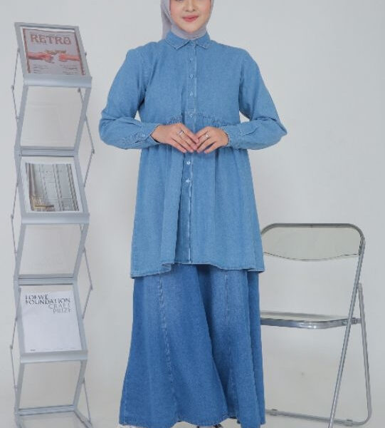 Tunik Wanita Lengan Panjang Soft Denim Modest Casual Look Fashion Muslim Kekinian All Size M,L, XL